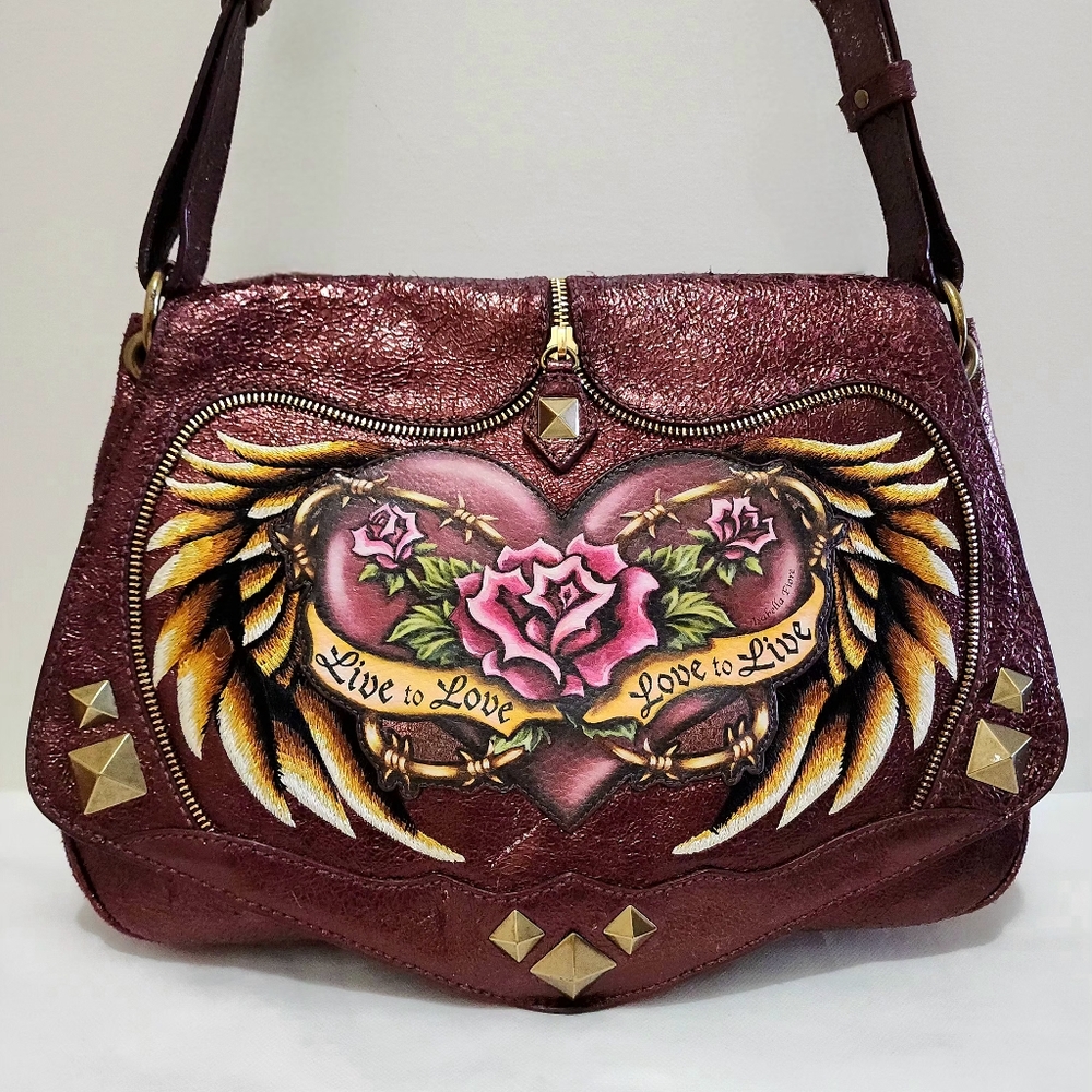 Isabella Fiore Live to Love Tattoo Rose Metallic Burgundy Leather Shoulder Bag